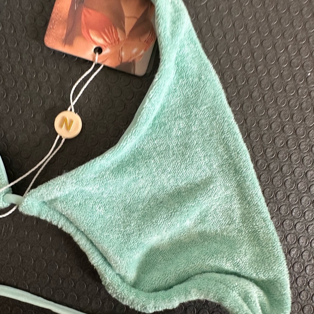 NWT NEENA Aqua Teal One Shoulder Double Strap Terry Cloth Bikini Top size XS - Picture 3 of 6
